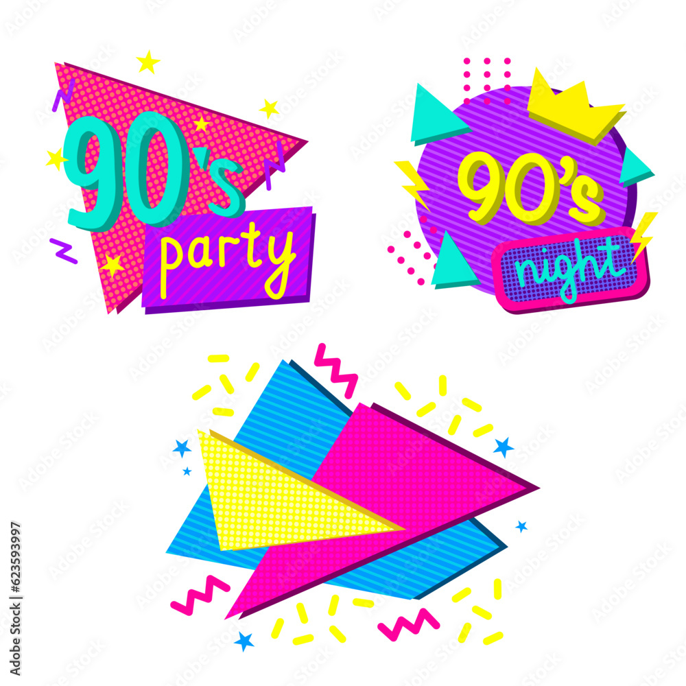 Set with colorful 1990s style design elements, lettering with abstract geometric shapes, vector