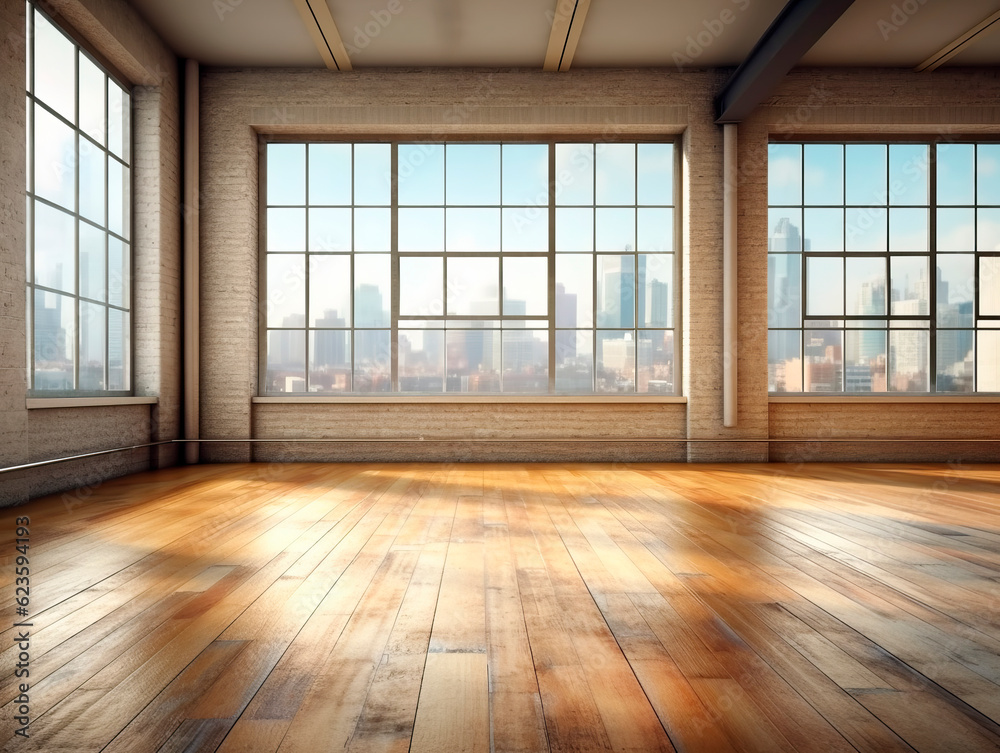 Front view of empty loft interior room with wooden floor at sunset. Generative AI Front view of empty loft interior room with wooden floor at sunset. Generative AI