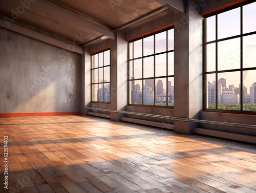 Perspective view of sunny empty loft interior room with wooden floor. Generative AI