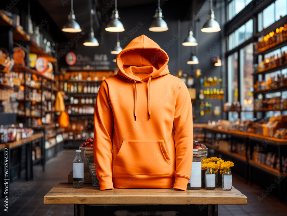 Blank orange hoodie mockup on blurry background. Generative AI