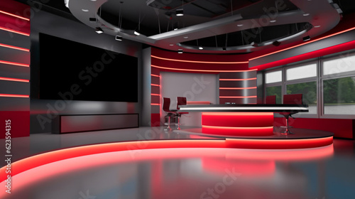 Tv Studio. Red studio. Backdrop for TV shows .TV on wall. News studio. The perfect backdrop for any green screen or chroma key video or photo production. Generative AI technology