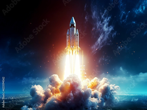 Startup and breakthrough concept with launched rocket to the space. Generative AI