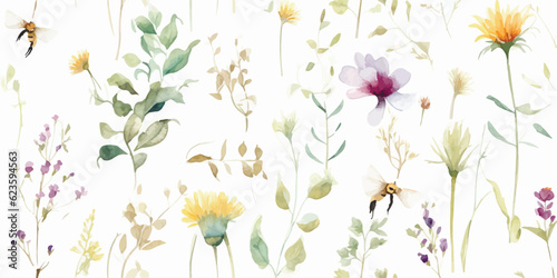 Delicate floral seamless pattern with abstract wildflowers, green branches, flying dragonflies and bumblebee, watercolor garden illustration on white background, print for wallpapers, textile, cover © Eli Berr