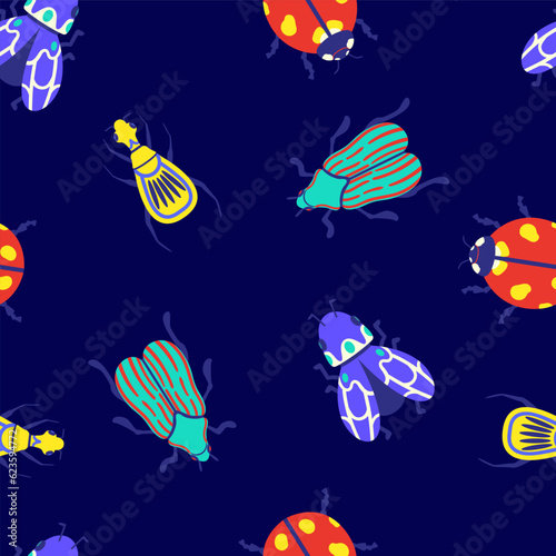 vector variety colorful bugs fantasy seamless pattern on blue