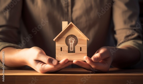 a hand holding a wooden block with a letterbox and bulb symbol stock photo