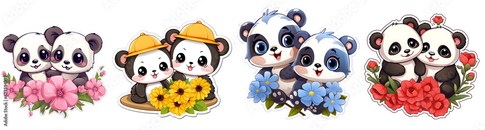 Fototapeta premium Cute Baby Pandas Surrounded BY Pink, Yellow, Blue, Red Flower Petals On Friendship Day Cartoon Stickers. Generative AI