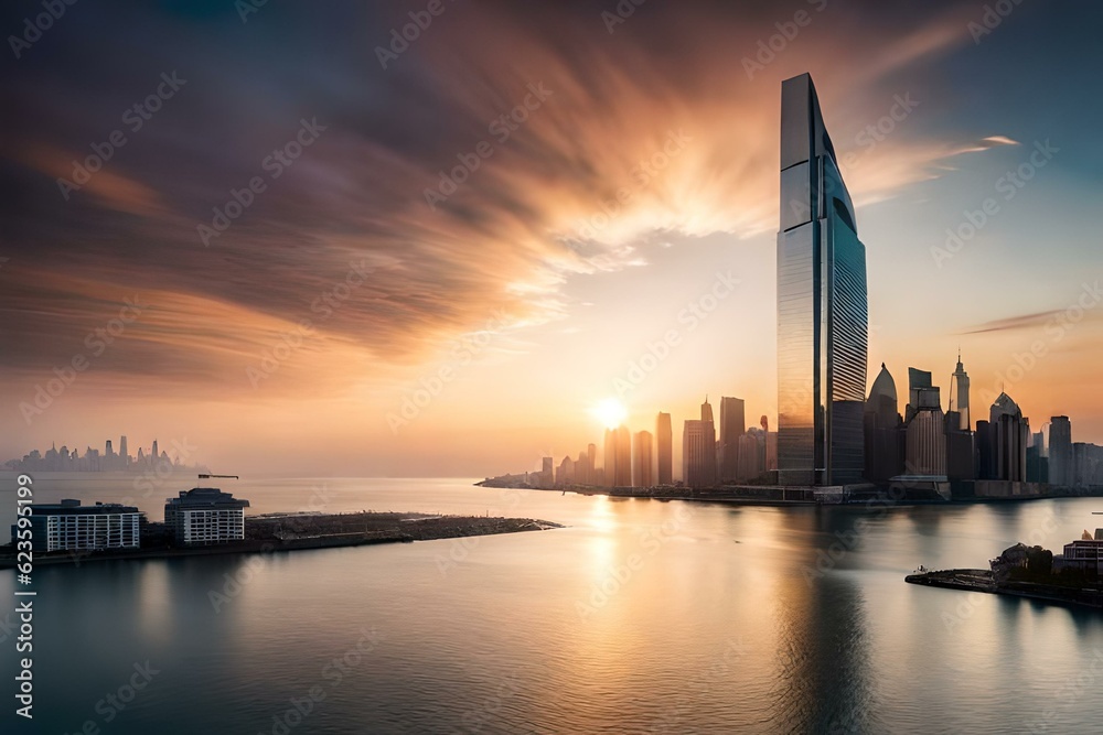 Obraz premium city skyline at sunset generated by ai