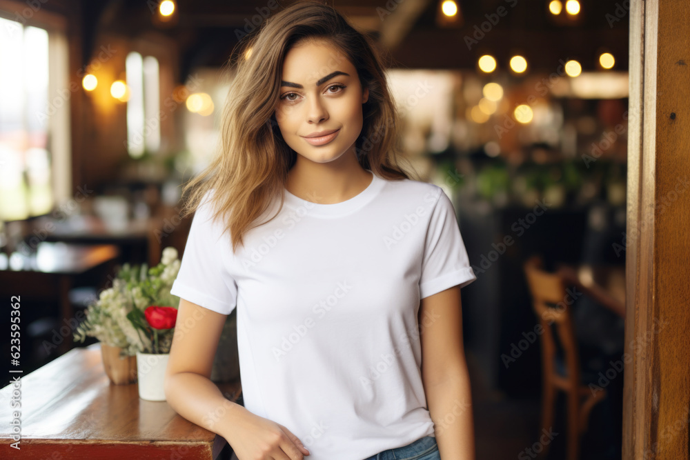 Beautiful young woman wearing bella canvas white t shirt and jeans, at cafe. Design t shirt template, print presentation mockup