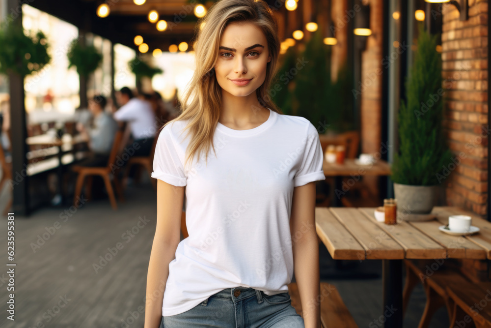 Beautiful young woman wearing bella canvas white t shirt and jeans, at cafe. Design t shirt template, print presentation mockup Beautiful young woman wearing bella canvas white t shirt and jeans, at cafe. Design t shirt template, print presentation mockup