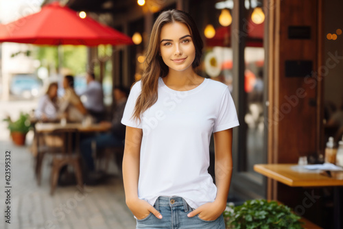 Beautiful young woman wearing bella canvas white t shirt and jeans, at cafe. Design t shirt template, print presentation mockup photo