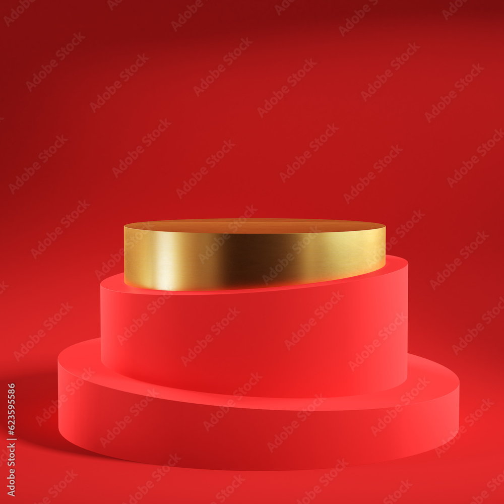 Empty red and gold podium for display product on red background. Empty red and gold podium for display product on red background.