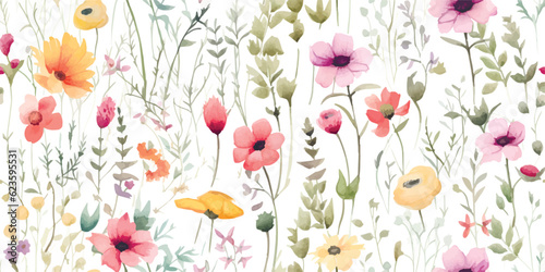 Floral seamless pattern with colorful wildflowers and abstract green plants. Watercolor print isolated on white background