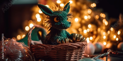 AI generated. Cute toy dragon sitting under the Christmas tree surrounded by gifts © StasySin