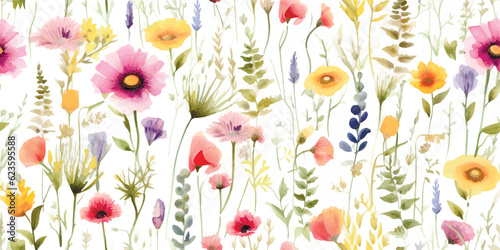 Floral seamless pattern with colorful wildflowers and abstract green plants. Watercolor print isolated on white background
