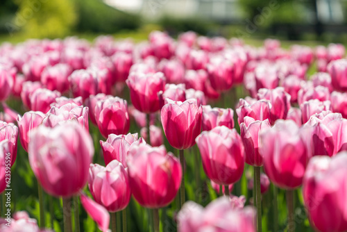 Bright pink tulips flowers in garden  scenery view on agricultural field with blooming flowers. Floral business  growing cultivation of plants. Agribusiness. Close-up tulip heads on long green stems.