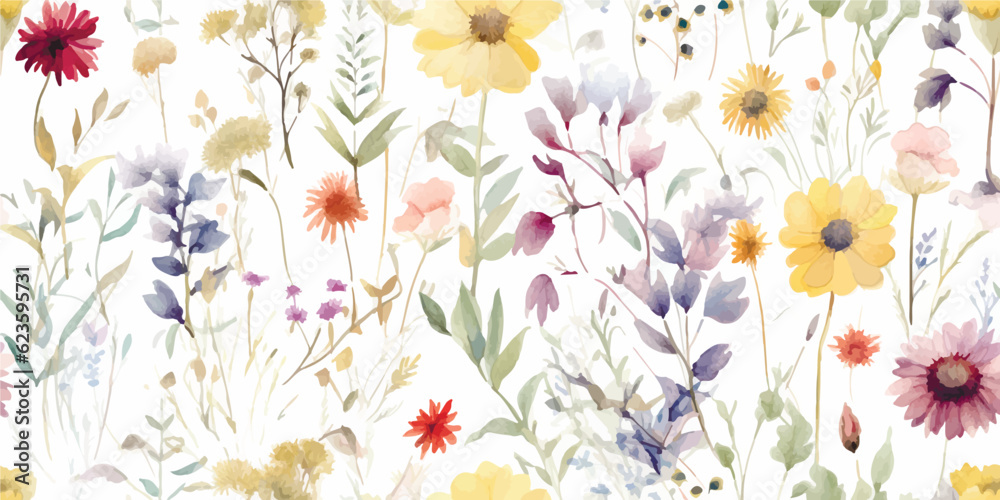 Floral seamless pattern with summer wildflowers, abstract plants and leaves. Watercolor isolated print for textile, wallpapers or nature background