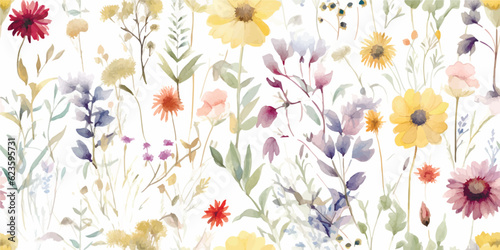 Floral seamless pattern with summer wildflowers, abstract plants and leaves. Watercolor isolated print for textile, wallpapers or nature background © Eli Berr