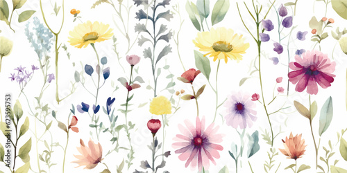Floral seamless pattern with summer wildflowers, abstract plants and leaves. Watercolor isolated print for textile, wallpapers or nature background