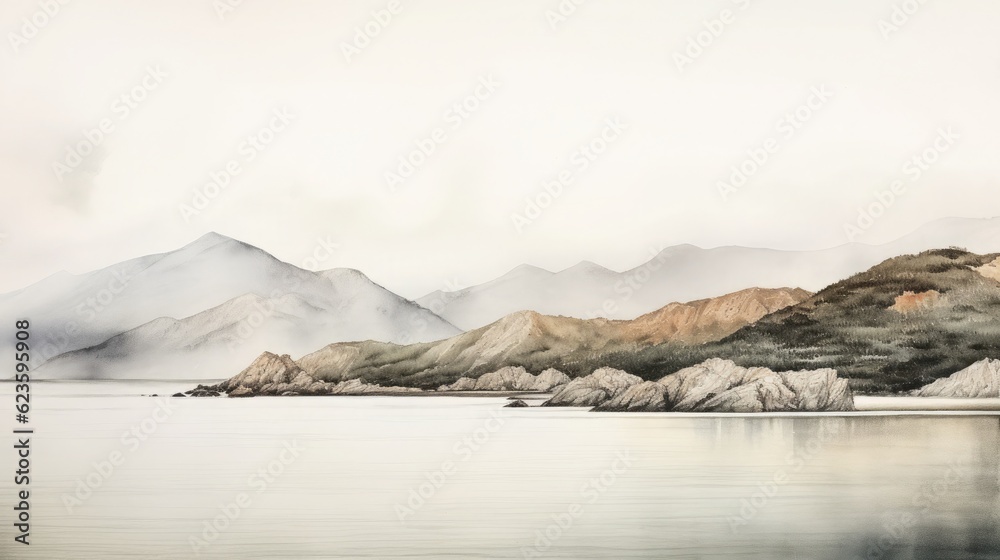 Watercolor illustration of lake or sea and mountains in a minimalist style.