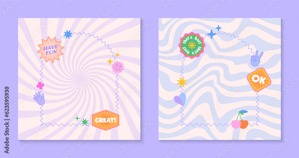 Vector templates with patches and stickers in 90s style.Modern emblems in y2k aesthetic with spiral and wavy backgrounds.Trendy funky designs for banners,social media marketing,branding,covers Vector templates with patches and stickers in 90s style.Modern emblems in y2k aesthetic with spiral and wavy backgrounds.Trendy funky designs for banners,social media marketing,branding,covers