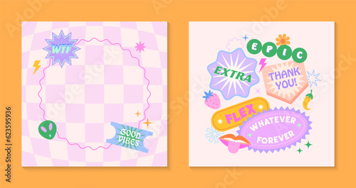 Vector templates with patches and stickers in 90s style.Modern emblems in y2k aesthetic with chess background.Trendy funky designs for banners,social media marketing,branding,packaging,covers