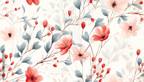 Flower seamless pattern with abstract floral branches with leaves, blossom flowers and berries. Vector nature illustration in vintage watercolor style on light yellow background.