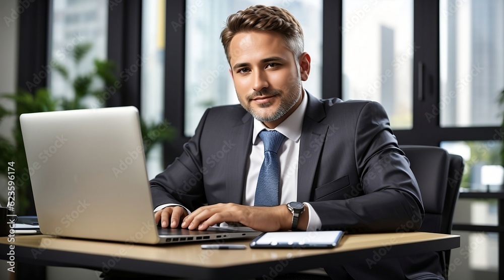 Business man, satisfied expression, wearing a suit, sitting at his desk, working on his computer Business man, satisfied expression, wearing a suit, sitting at his desk, working on his computer