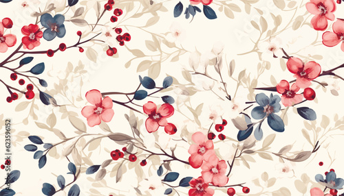 Flower seamless pattern with abstract floral branches with leaves, blossom flowers and berries. Vector nature illustration in vintage watercolor style on light yellow background.