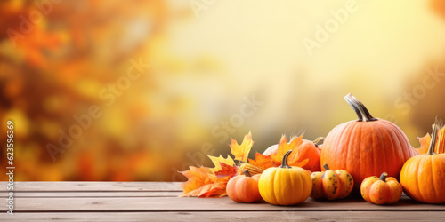 Festive autumn decor from pumpkins  corns and fall leaves. Concept of Thanksgiving day or Halloween