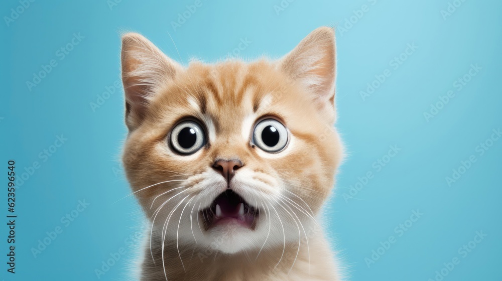Cute little surprised cat make big eyes on blue background. Generative AI