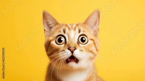 Cute little surprised cat make big eyes on yellow background. Generative AI © Kanisorn