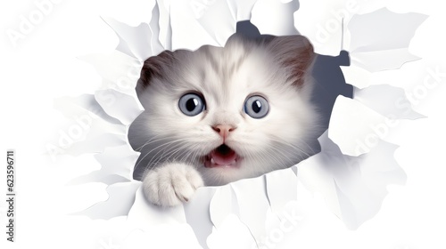 Kitten cat looking through a hole in white paper. Generative AI