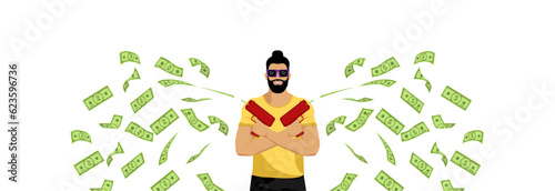 A man shoots dollars from a money gun. Illustration of quick expenses or profits.
