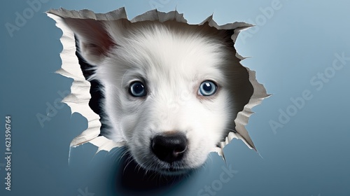 Puppy dog looking through a hole in white paper. Generative AI © Kanisorn