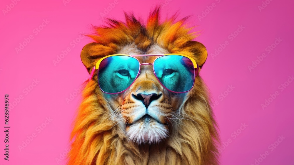 Stylish lion wearing sunglasses looking for something. Generative AI