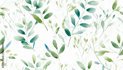 Seamless watercolor floral pattern - green leaves and branches composition on white background, perfect for wrappers, wallpapers, postcards, greeting cards, wedding invitations, romantic events