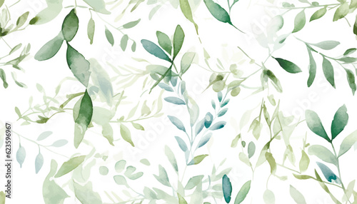 Seamless watercolor floral pattern - green leaves and branches composition on white background  perfect for wrappers  wallpapers  postcards  greeting cards  wedding invitations  romantic events