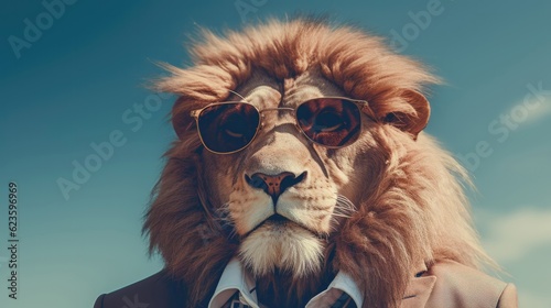 Stylish lion wearing sunglasses looking for something. Generative AI © Kanisorn