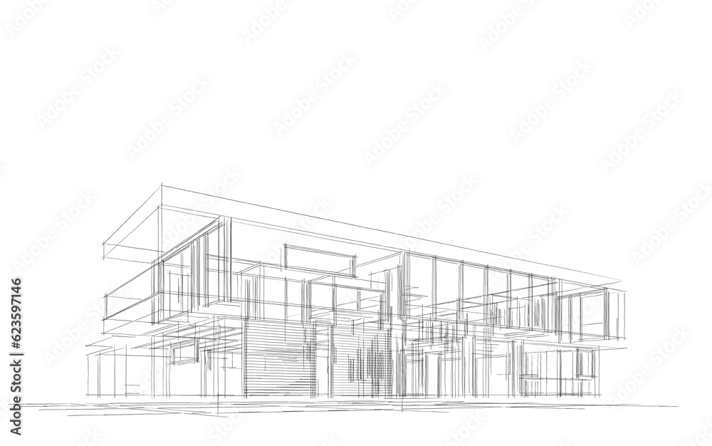 Modern house building sketch 3d illustration