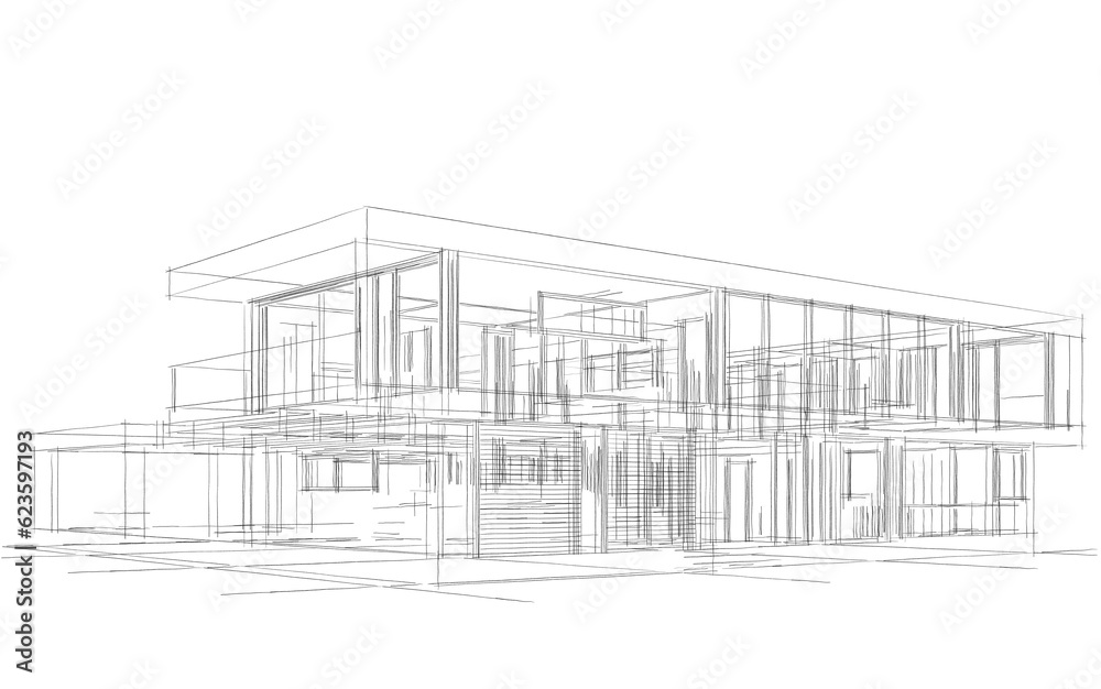 Modern house building sketch 3d illustration