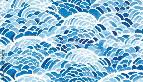 Seigaha watercolor seamless pattern. Blue and white print for textiles. Handwork on paper. Cute summer and spring background. Ornament in the style of polka dot. Vector illustration