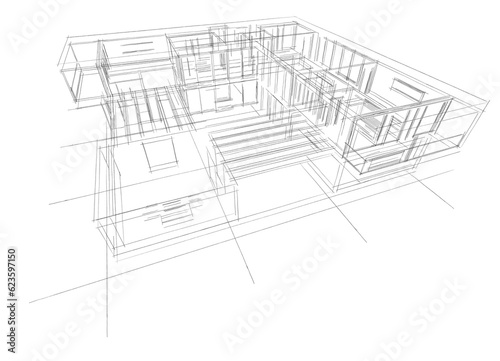 Modern house building sketch 3d illustration