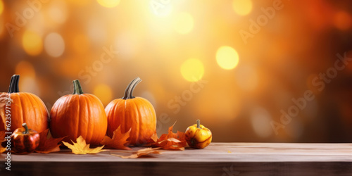 Festive autumn decor from pumpkins, corns and fall leaves. Concept of Thanksgiving day or Halloween