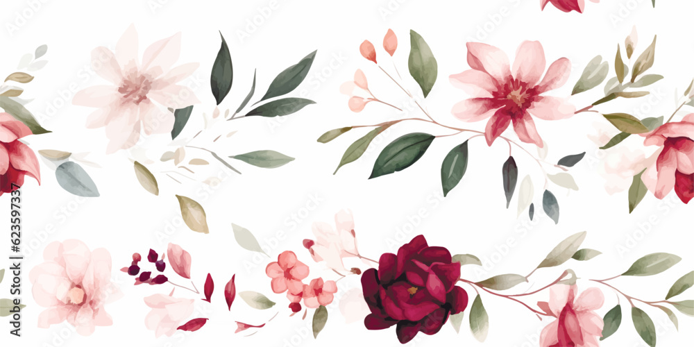 Watercolor floral illustration, seamless pattern, green leaves, burgundy pink peach blush white flowers, branches. Wedding invitations wallpapers fashion prints. Eucalyptus, olive, peony, rose