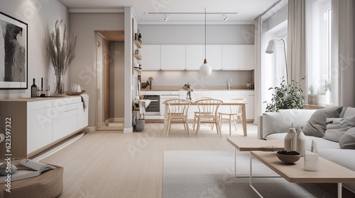 Concept scandinavian design apartment of young family. Modern interior