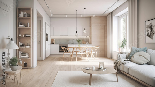 Concept scandinavian design apartment of young family. Modern interior