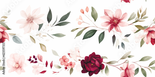 Watercolor floral illustration, seamless pattern, green leaves, burgundy pink peach blush white flowers, branches. Wedding invitations wallpapers fashion prints. Eucalyptus, olive, peony, rose © Eli Berr