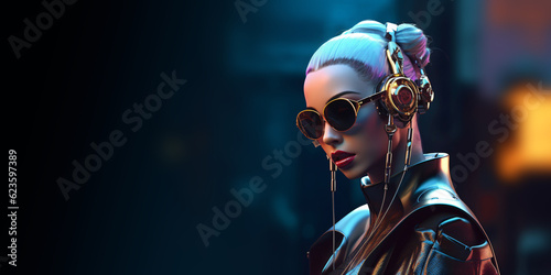 crazy female cyborg portrait with headphones and sunglasses, fictional person created with generative ai © CROCOTHERY