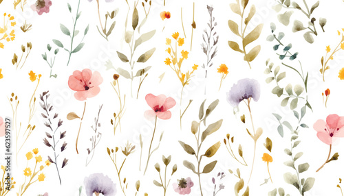 Watercolor floral seamless pattern with scattered wildflowers, leaves and plants. Summer illustration in vintage style on white background