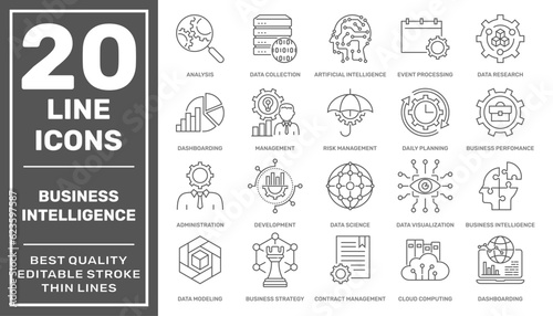 Business Intelligence icons set. Machine learning, data modeling, visualization, risk management, strategy and etc. Business Intelligence vector icons. Editable stroke